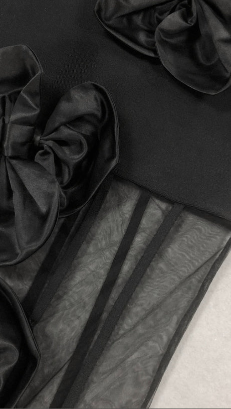 STRAPLESS FLORAL MESH BANDAGE DRESS MIDI DRESS BLACK