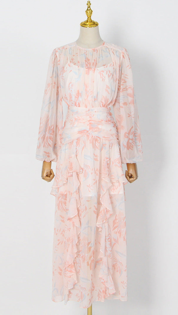 AIIZIE PUFF LONG SLEEVE TIERED RUFFLE HEM MAXI DRESS IN PINK - product image