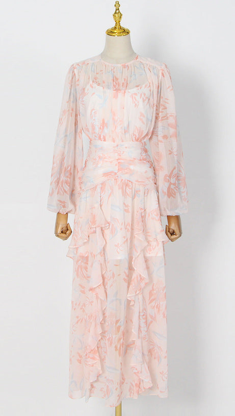 PUFF LONG SLEEVE TIERED RUFFLE HEM MAXI DRESS IN PINK