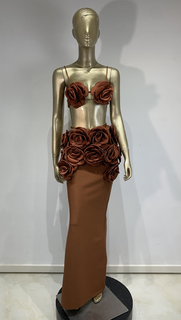 AIIZIE BROWN FLOWERED TOP AND LONG MIDI SKIRT SET - product image