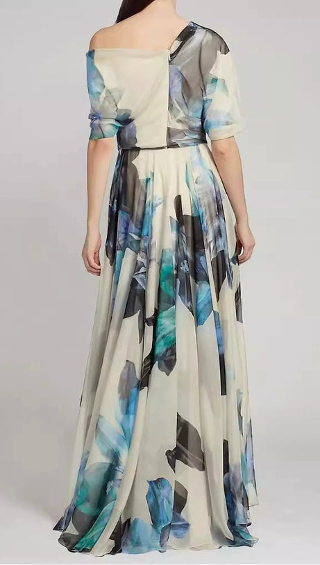 SANDRA MULTICOLOR ONE SHOULDER IRREGULAR CHIFFON MAXI DRESS