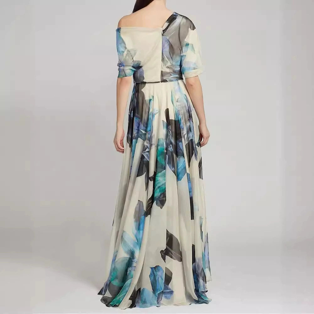 SANDRA MULTICOLOR ONE SHOULDER IRREGULAR CHIFFON MAXI DRESS