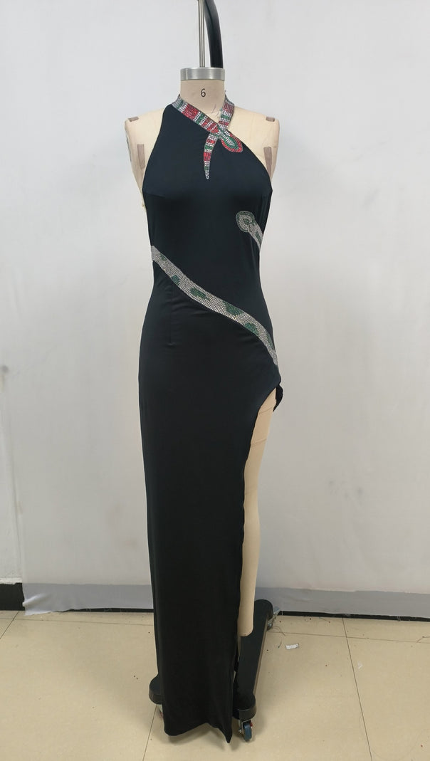 AIIZIE SNAKE STRAP CRYSTAL MAXI DRESS BLACK - product image