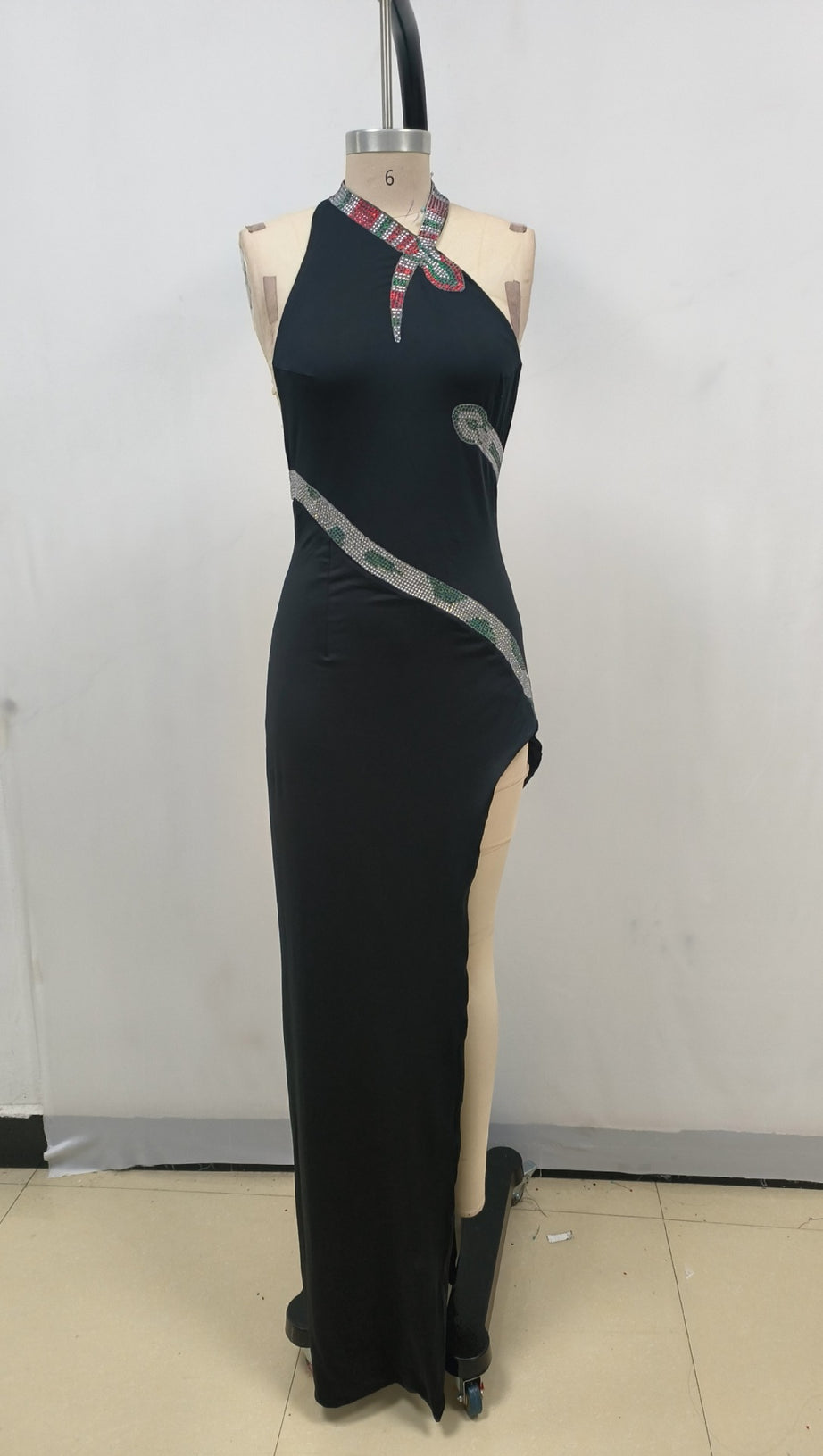 SNAKE STRAP CRYSTAL MAXI DRESS BLACK