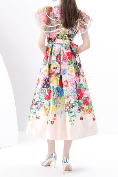 Daphne Midikleid mit Rüschen und A-Linien-Print