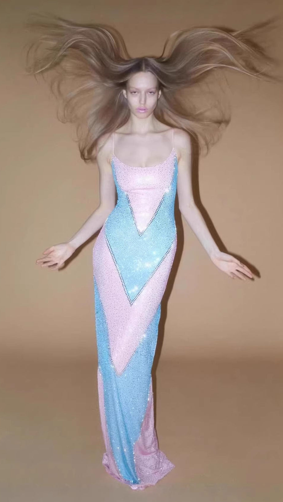 simona fully rhinestoned bodycon maxi dress - blue & pink