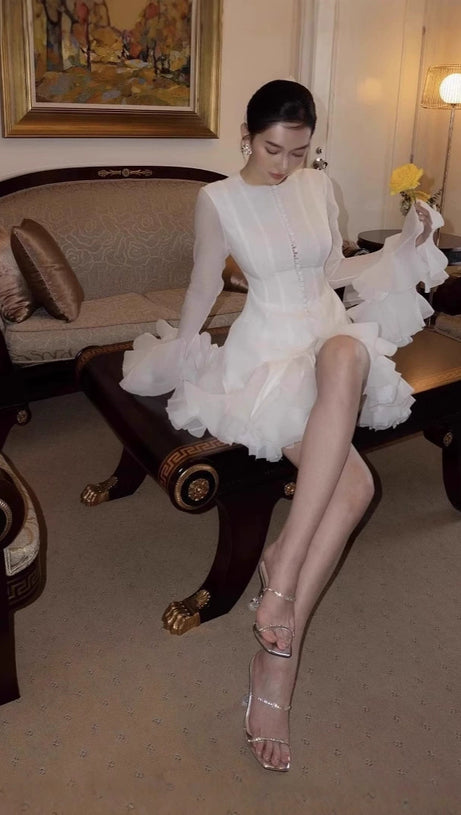 AGATHA WHITE SEMI-SHEER FLARED MINI DRESS