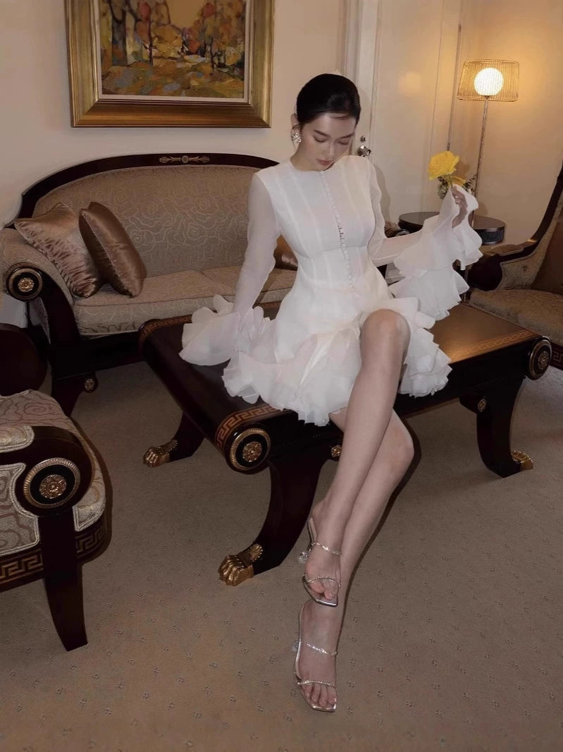 AIIZIE AGATHA WHITE SEMI-SHEER FLARED MINI DRESS - product image