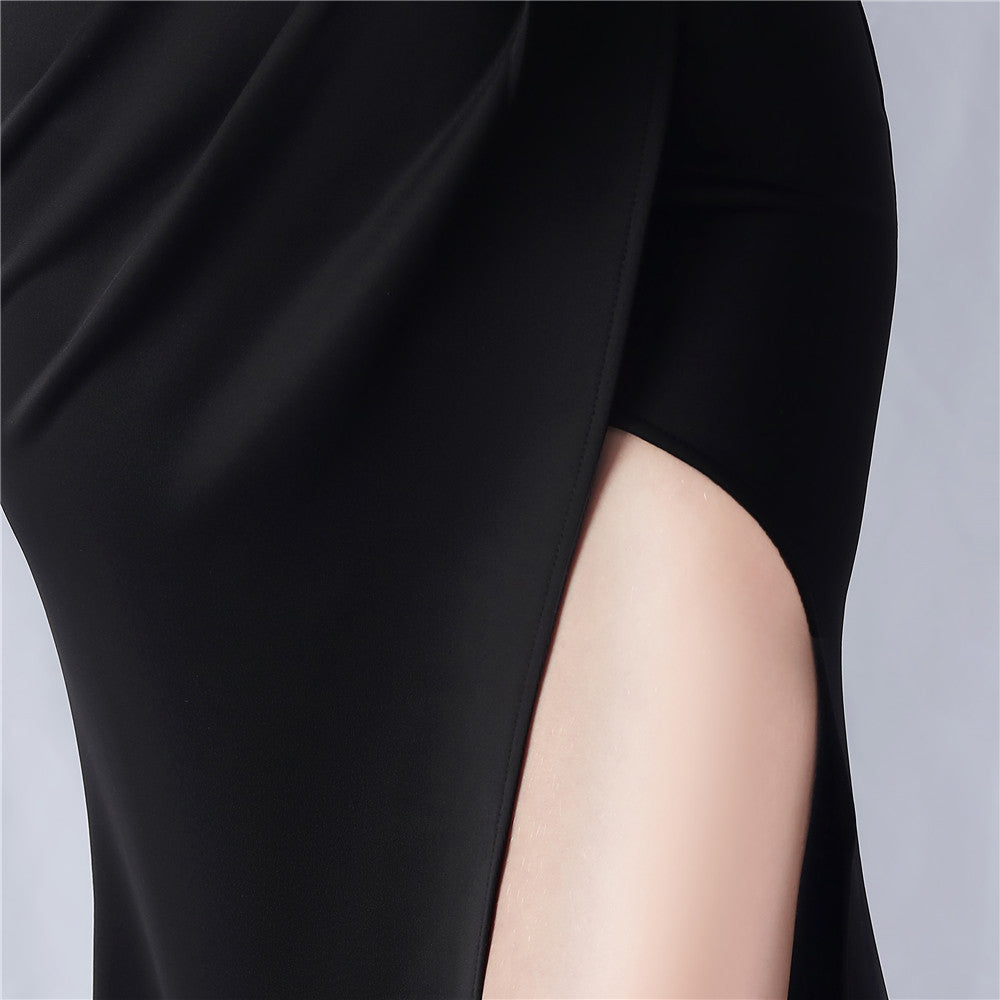 AIIZIE DEBBY BLACK ONE SHOULDER FLOWER CUT OUT SLIT MAXI DRESS - product image