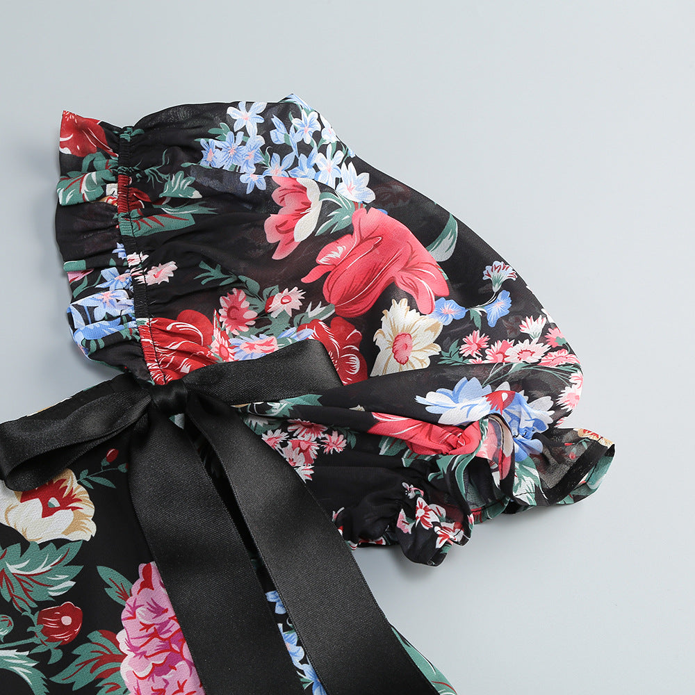 AIIZIE BASIA FLORAL PRINT RUFFLE TRIM HEM PUFF MINI DRESS - product image