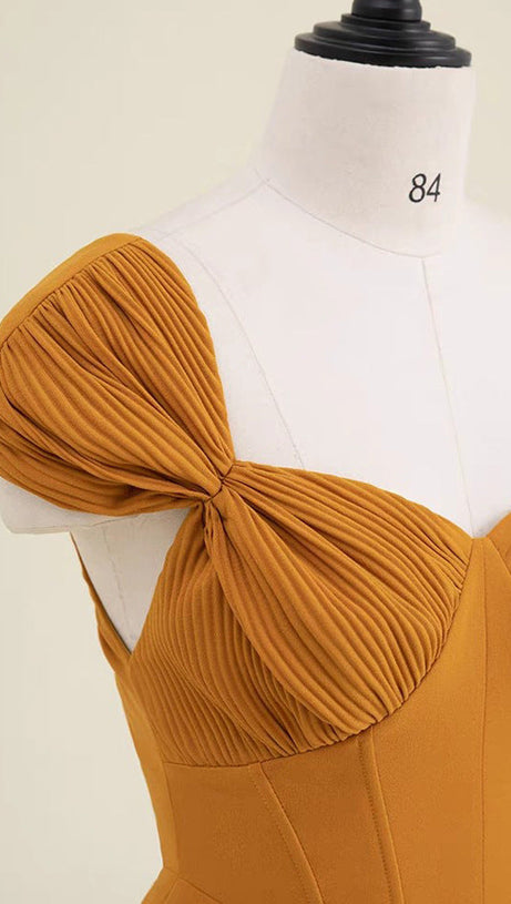 YELLOW KNOTTED A-LINE MIDI DRESS