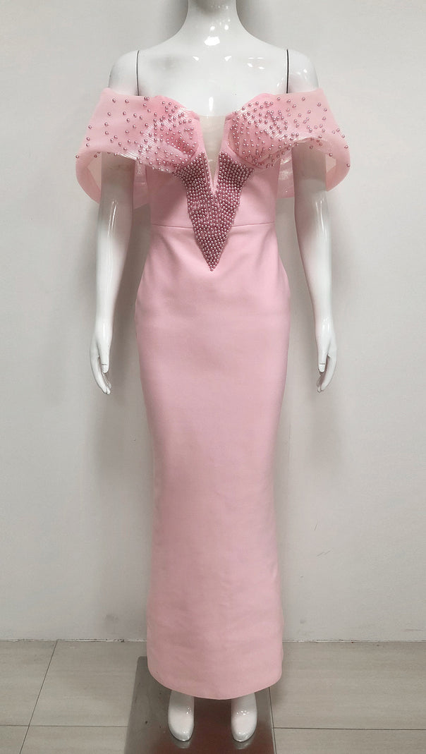 AIIZIE PINK OFF SHOULDER BEADED BANDAGE MAXI DRESS - product image