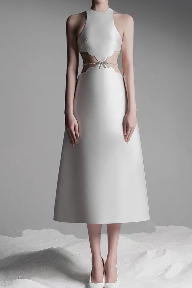 AIIZIE ANILA PEARL CHAIN EMBELLISHED MIDI DRESS IN APRICOT - product image