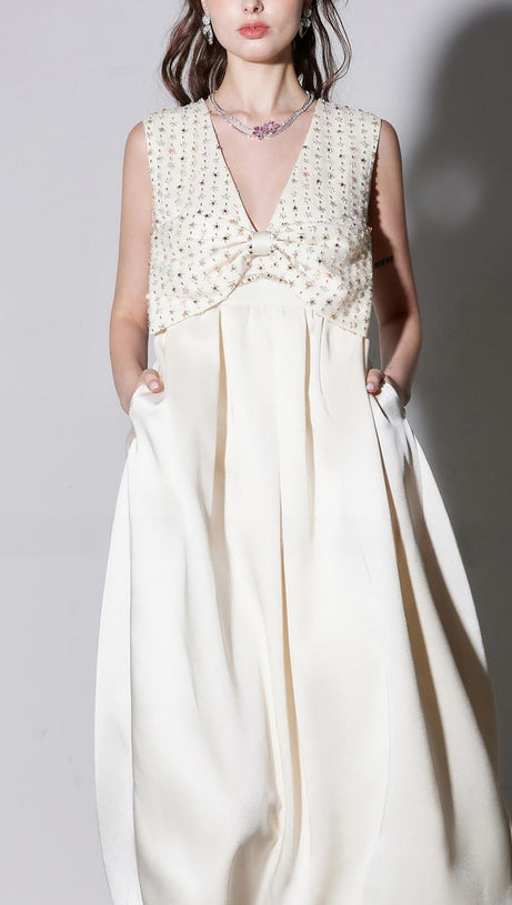 alva v-neck rhinestone embroidery satin maxi Dress in white