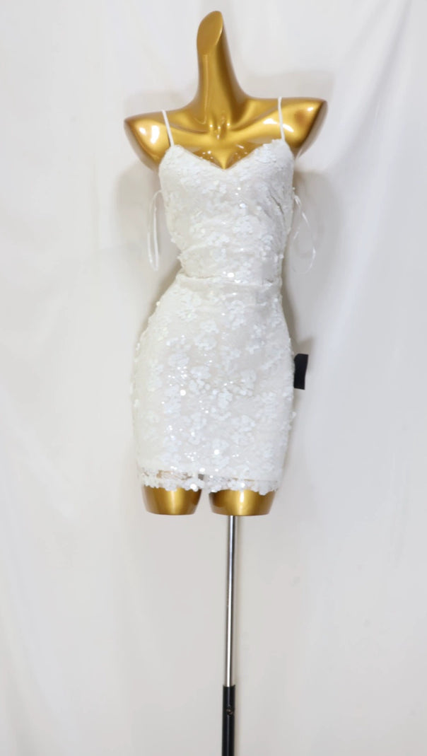 AIIZIE WHITE SEQUIN LACE-UP MINI BODYCON DRESS - product image