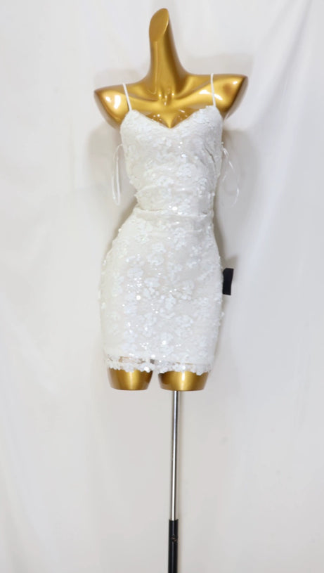 WHITE SEQUIN LACE-UP MINI BODYCON DRESS