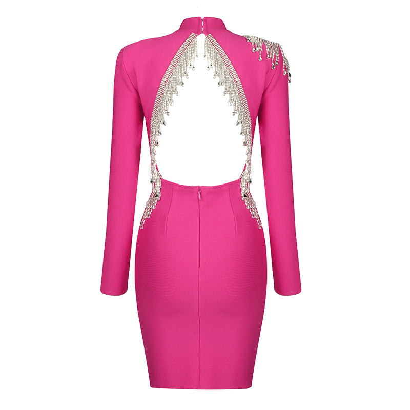 PINK LONG - SLEEVED BACKLESS BEADED BANDAGE MINI DRESS