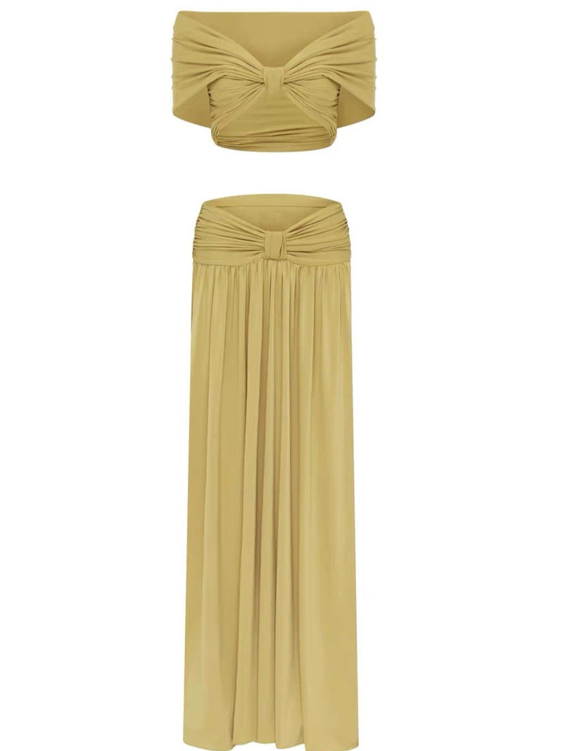 AIIZIE Pleated Crop Top and Maxi Skirt Set in Soft Gold - product image