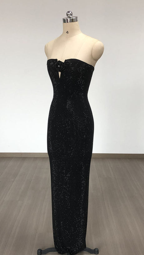 STRAPLESS RHINESTONE ROSE MAXI DRESS IN BLACK