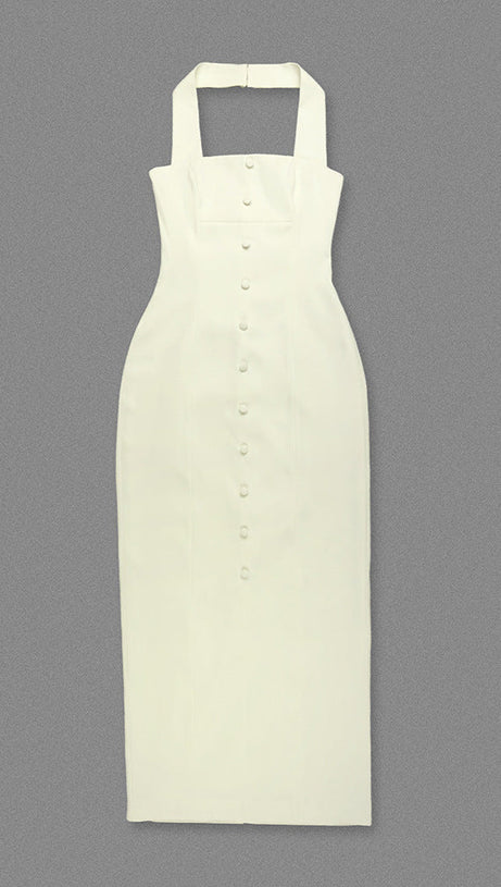 ABITO LUNGO IN TESSUTO A MANDORLA CON BOTTONI A TRIANGOLO