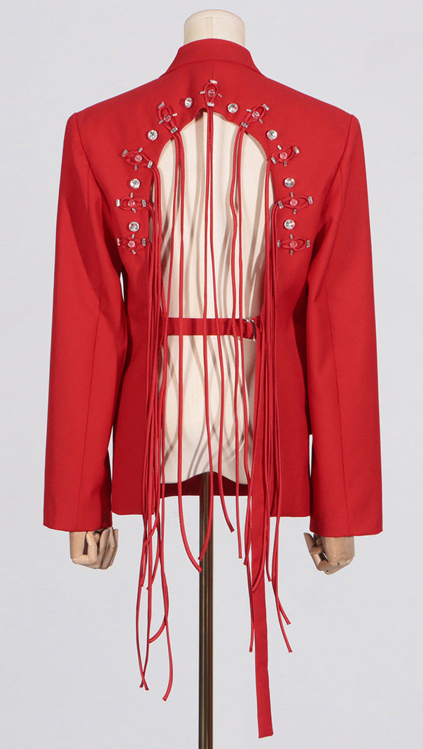 AIIZIE VIENNA CUTOUT FRINGE BACKLESS BLAZER IN RED - product image
