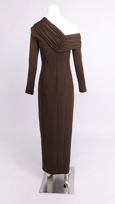 maud One-shoulder pleated high-slit maxi dress - brown