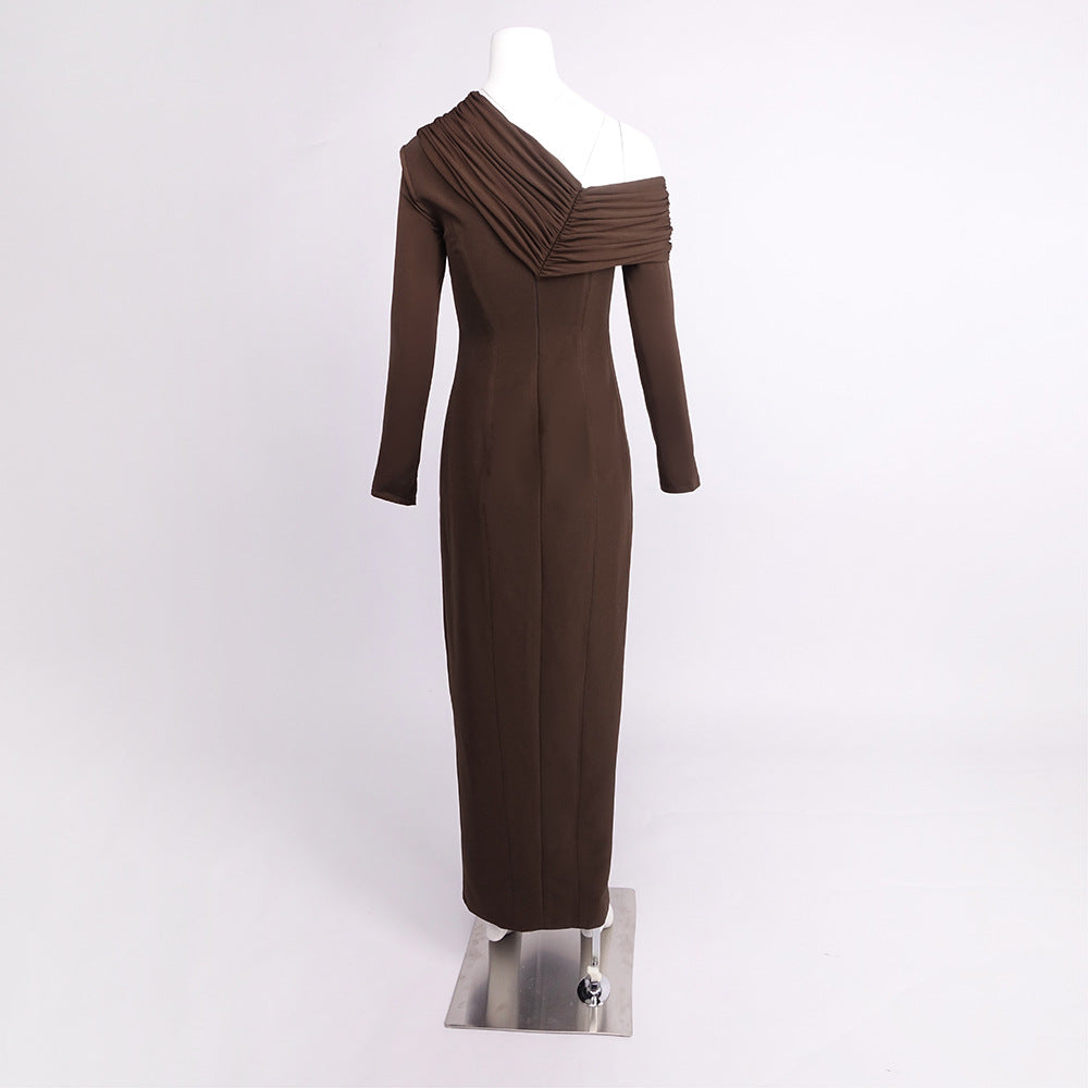 maud One-shoulder pleated high-slit maxi dress - brown