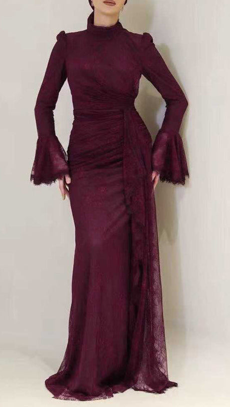 victoria Long lantern sleevelace-trim maxi dress - burgundy