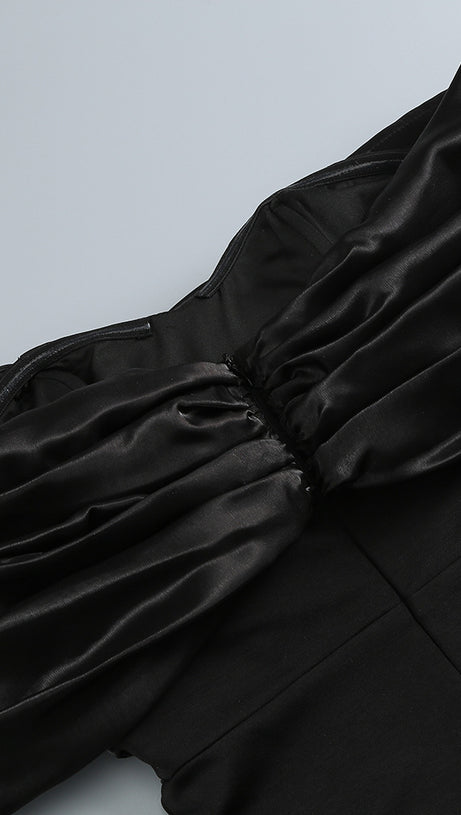 SOPHIA OFF SHOULDER RUCHED MAXI SLIT DRESS IN BLACK