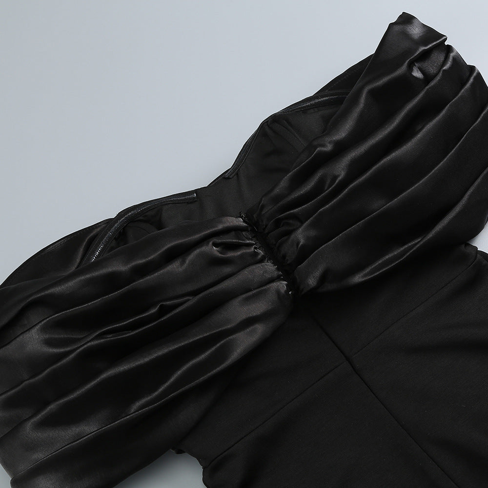 SOPHIA OFF SHOULDER RUCHED MAXI SLIT DRESS IN BLACK