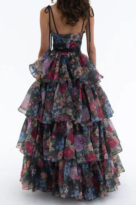 CARLIN FLORAL PRINT CUTOUT LAYER MAXI DRESS