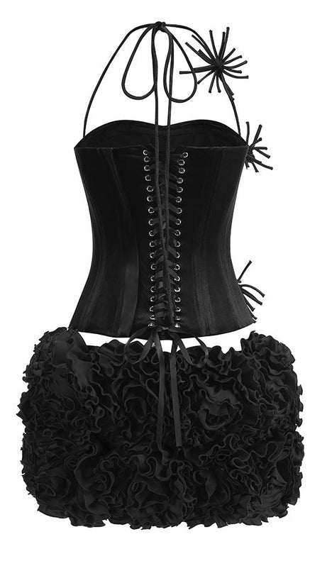 COMPLETO CON MINIGONNA FLOREALE IN VELLUTO CON CORSETTO NERO
