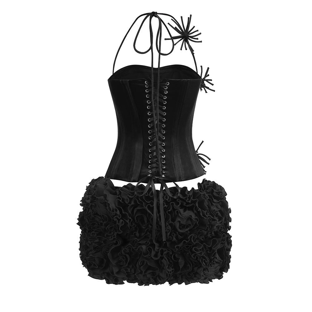 AIIZIE VELVET CORSET FLORAL MINI SKIRT SUIT IN BLACK - product image