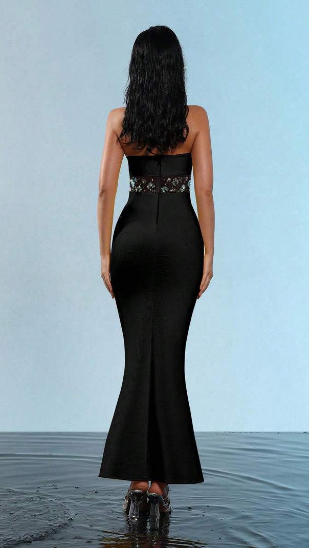 AIIZIE MESH SPLICE RHINESTONE DECOR BLACK MAXI BANDAGE DRESS - product image