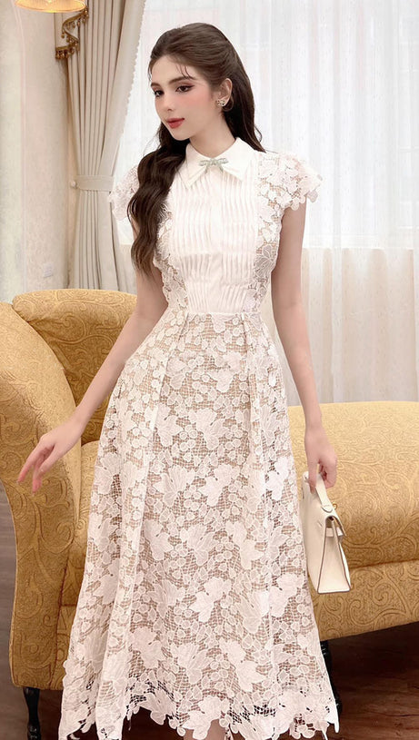 leila white 3D Flower embroidery Bow Lace midi Dress