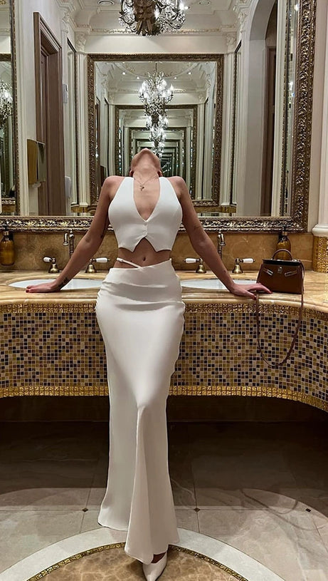 SILK CROP TOP MAXI SKIRTS 2 PIECES SETS IN WHITE
