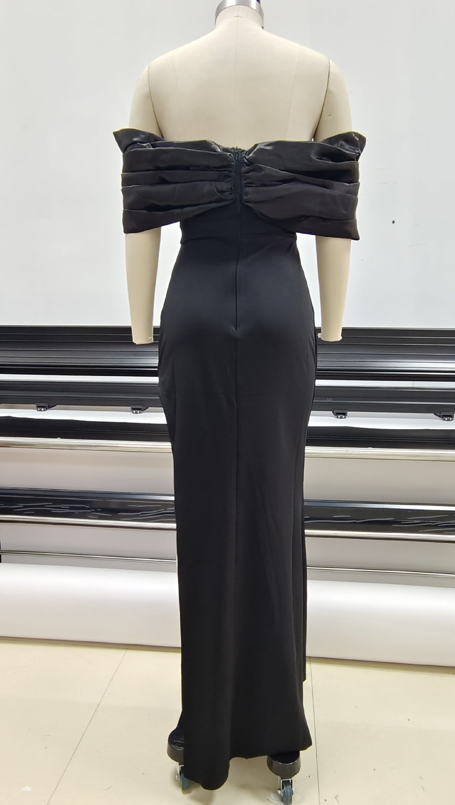 SOPHIA OFF SHOULDER RUCHED MAXI SLIT DRESS IN BLACK