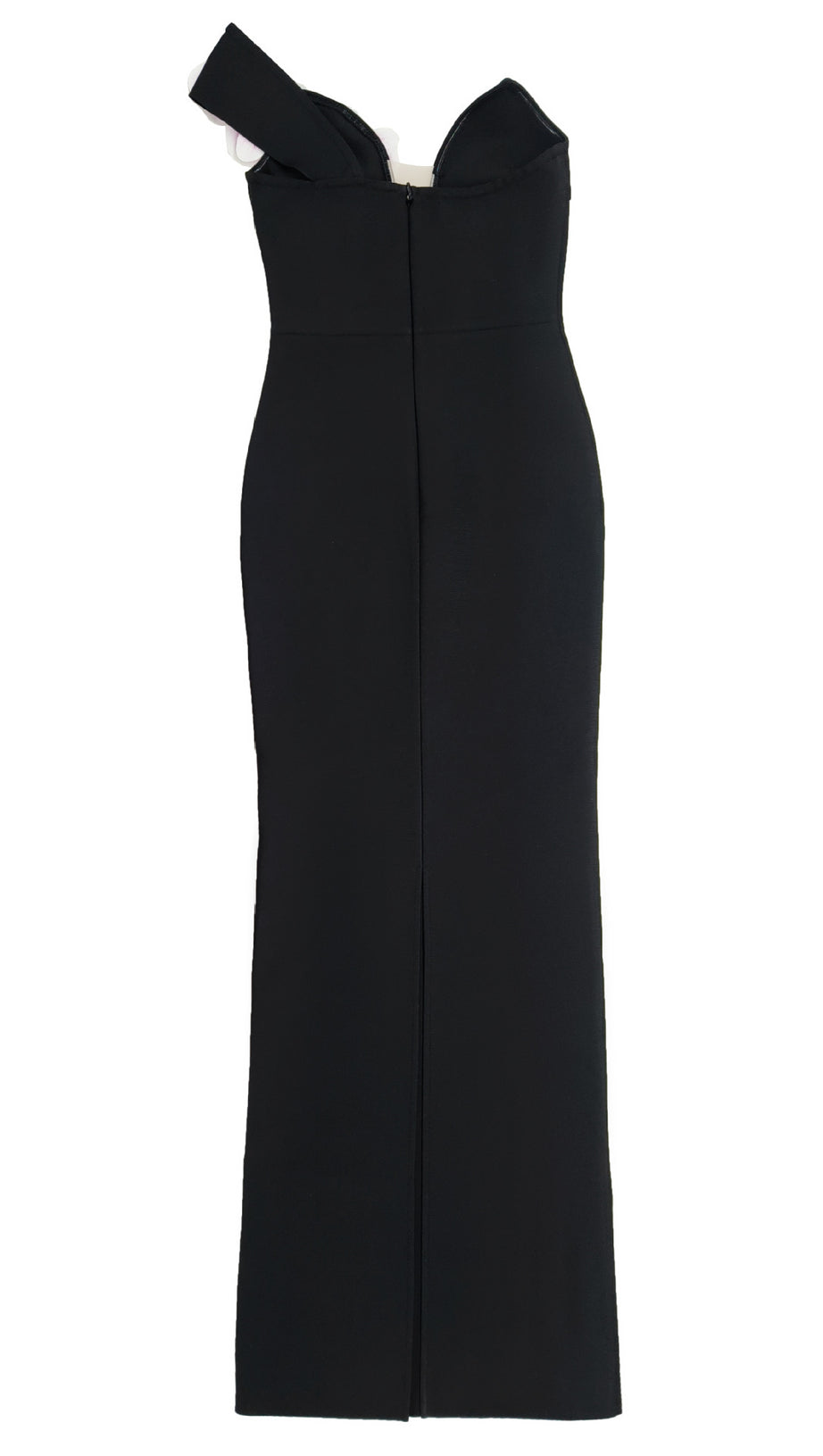 SCHWARZES ONE-SHOULDER-MAXIKLEID MIT BLUMENMUSTER UND GESPLITTETEM BANDAGE