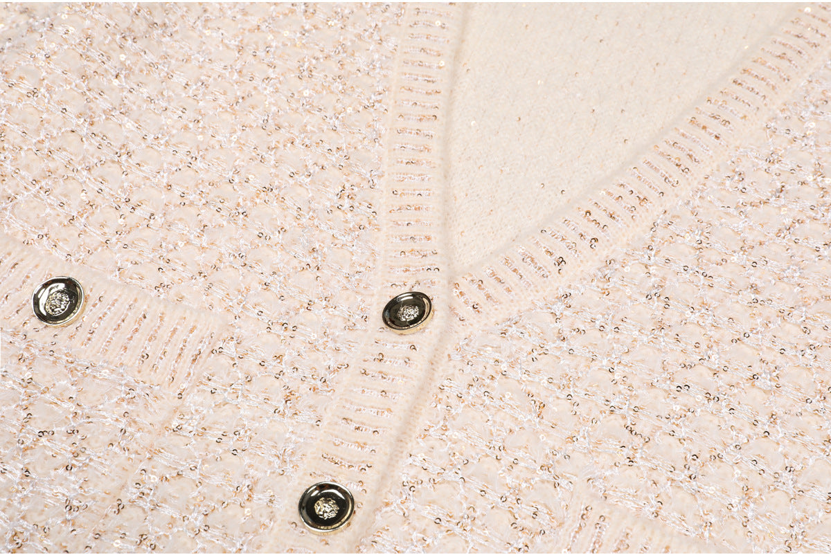 Beige Strickjacke mit Pailletten und V-Ausschnitt
