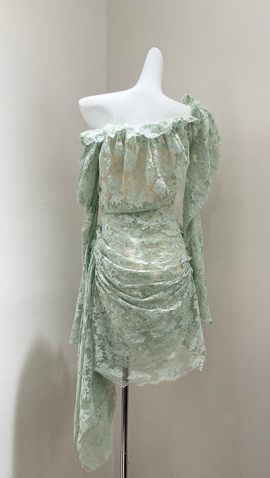 joanna 3d flower Lace hollow Asymmetrical mini Dress in green