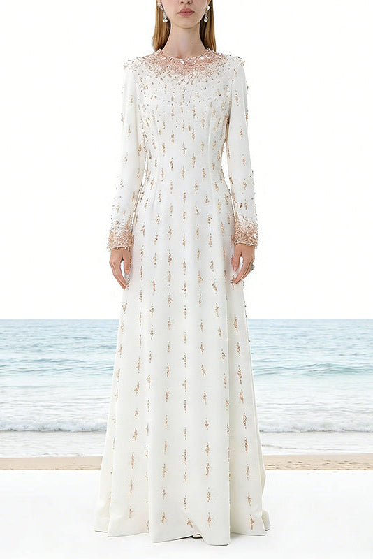 Ivory Beaded Maxi Dress Long Sleeve Rose Gold Gown