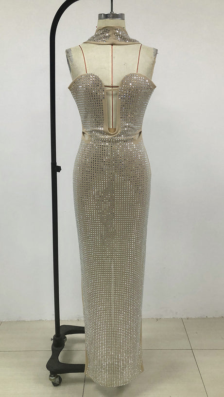 RHINESTONE MESH HALTER NECK MAXI DRESS