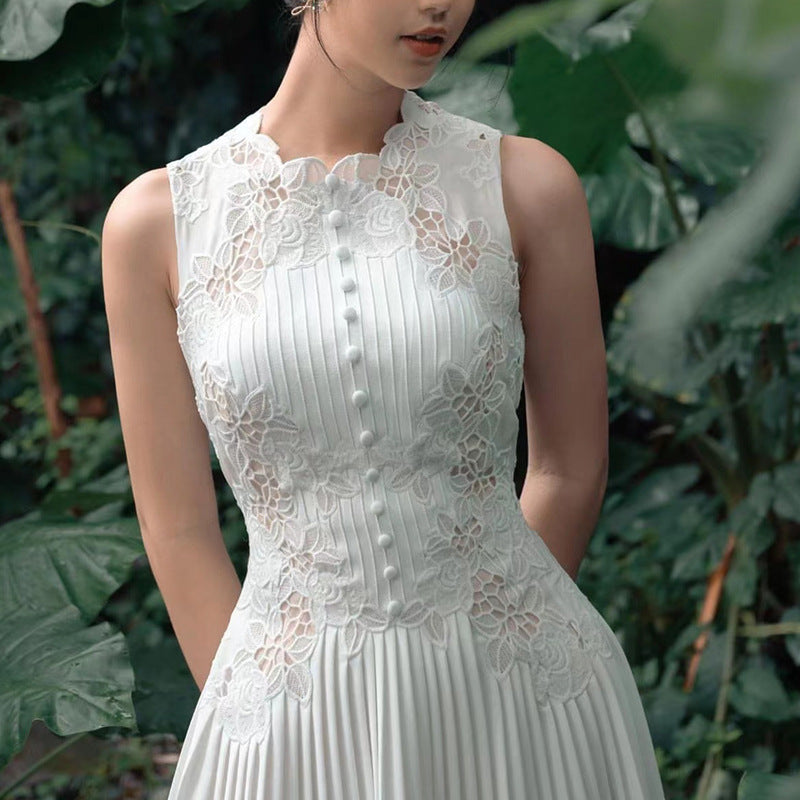 nancy lace embroidery pleated midi dress in white