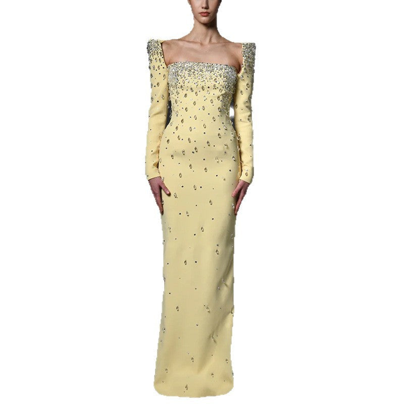 Purple Square Neck Long Sleeve Crystal Maxi Dress