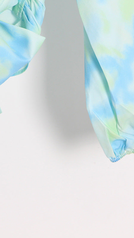 CHIC TIE-DYE TWISTED CUTOUT LONG SLEEVE CROP TOP FOR WOMEN