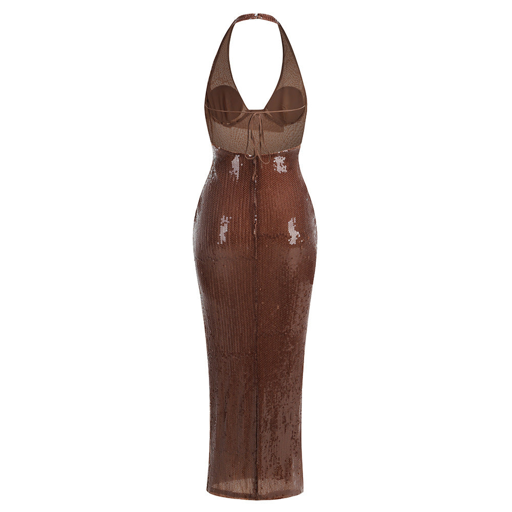 AIIZIE BROWN SEQUIN HALTER NECK BODYCON MIDI DRESS - product image