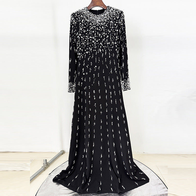 Ivory Beaded Maxi Dress Long Sleeve Rose Gold Gown