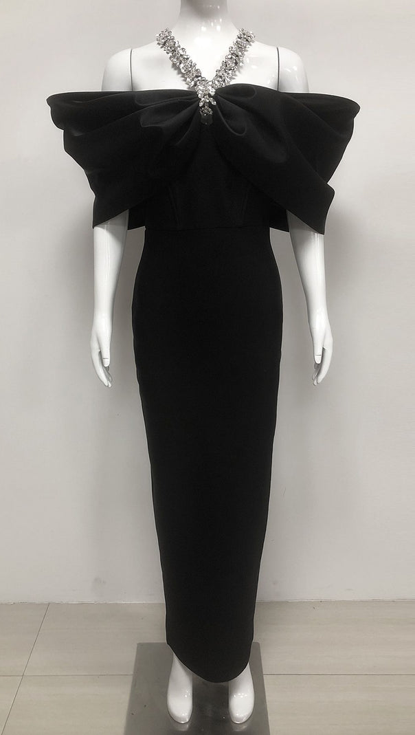 AIIZIE BLACK HEAVY DIAMOND HALTER MAXI DRESS - product image