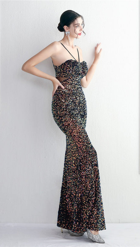 MARIAN CHARCOAL CUTOUT SEQUINS HALTER MAXI DRESS