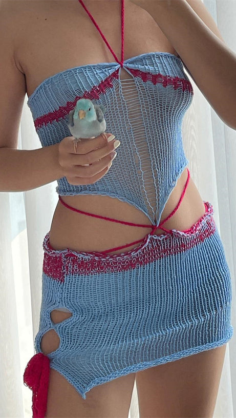 BLAUE FARBE - BLOCKIERTES BUSTIER-STRICKSET 